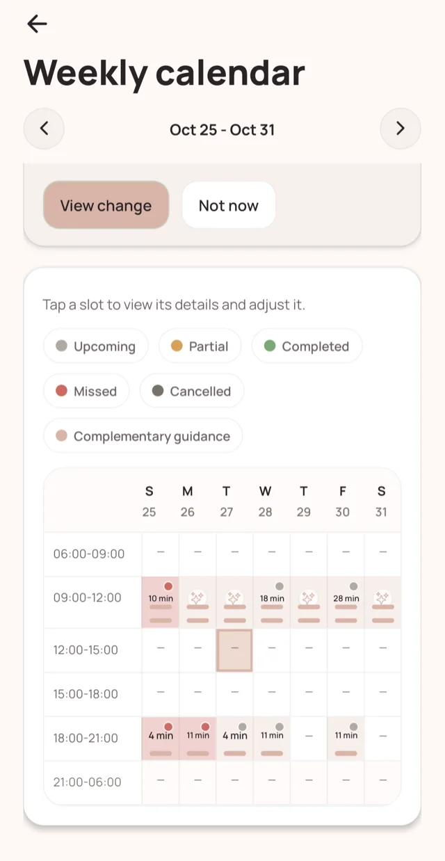 NovaBeautix App weekly calendar showing the week's cares by time slot with a status legend