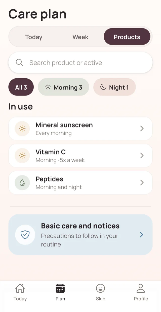 NovaBeautix App care plan products in use, such as mineral sunscreen, vitamin C and peptides
