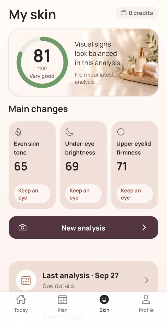 NovaBeautix App My skin screen with a skin score of 81 out of 100 and the main changes